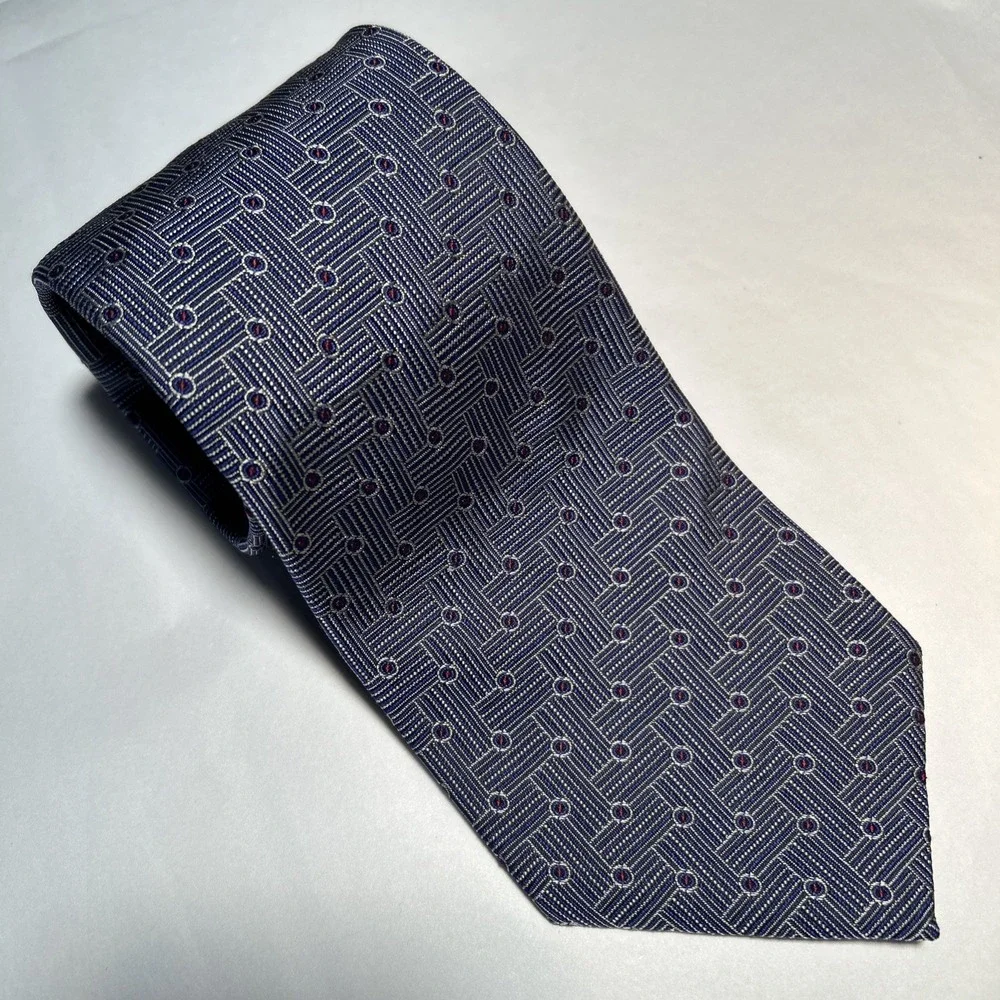 Ralph Lauren Silk Tie Green Label Blue Geometric Print Hand Finished Made in USA